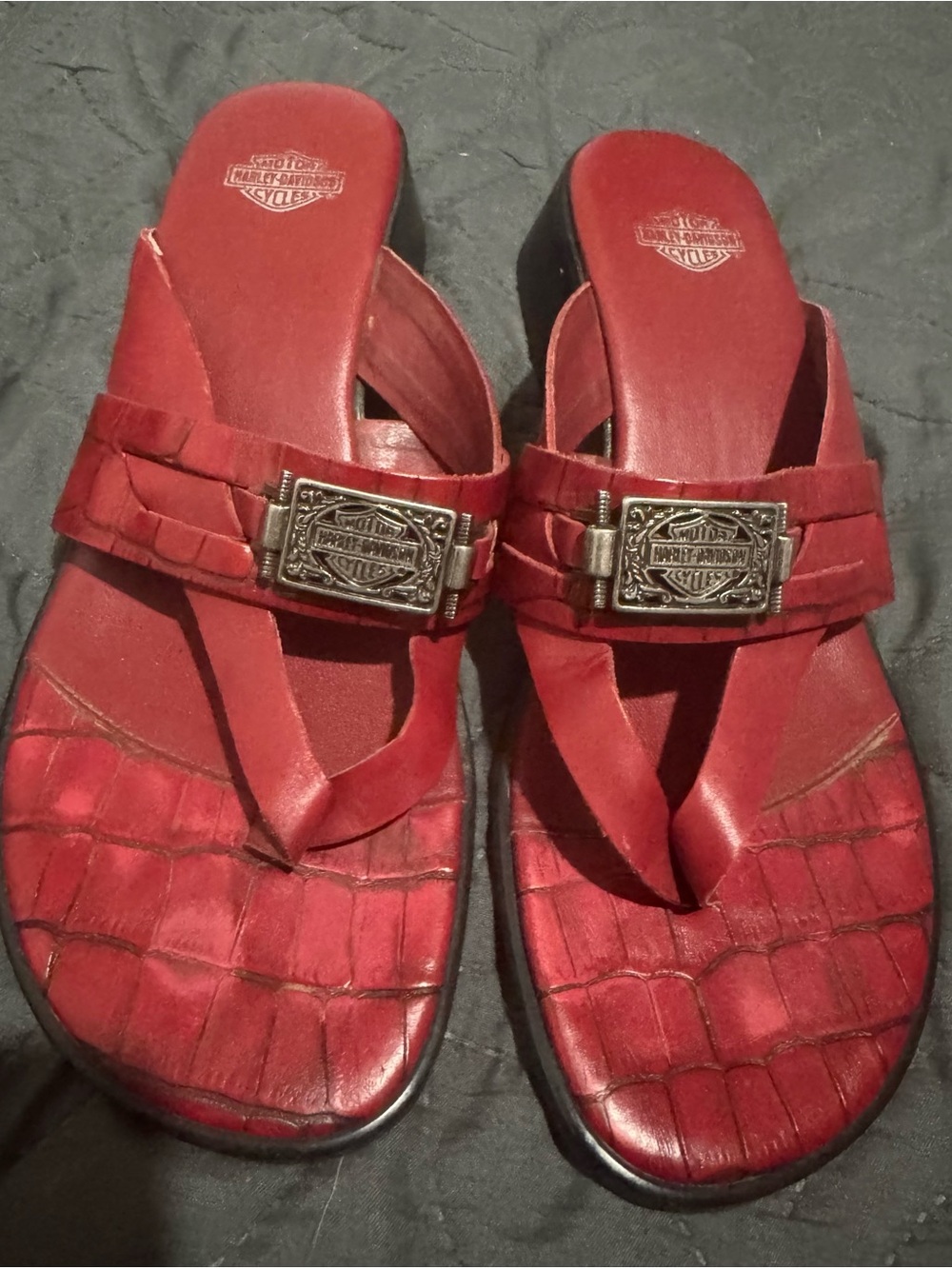 Harley-Davidson Red Croc-Texture Women's Slide Sandals with Metal Buckle